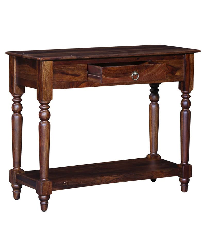 Image of Solid Sheesham Wood Console Table for Living Room | Entryway Hallway Sofa & Fish Tank Table with Drawer & Shelf Storage | Walnut Brown Finish