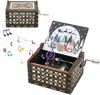 Auniq Christmas Music Box, Christmas Wooden Vintage Laser Engraved Musical Box Unique Cute Black Merry Christmas Wooden Music Box Merry Christmas Musical Box Mini Ornaments Gifts for Friends