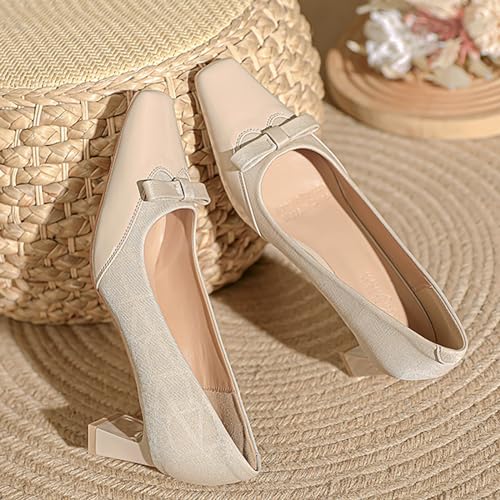Women's Patent Leather Bow Chunky Heel Pumps, Fashion Square Closed Toe Slip-On Splicing Suede Low Block Heel Dress Shoes,for Business Office Work Heels3