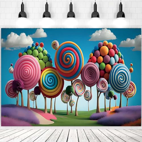 3D Candyland Birthday Background Cartoon Candy Lollipop Colorful Mountain Fantasy Wonderland Sweet Cute for Kids Girls 1st One Birthday Background Cake Smash Decor Backdrop (7x5feet) by JICONEE - Used condition - Image 2