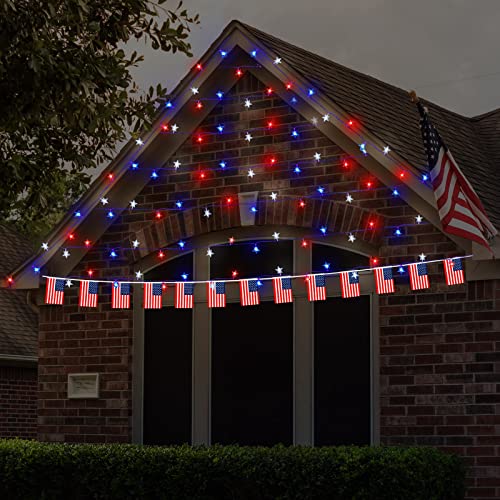 4Th Of July Patriotic Decor,20 Ft 40 Led Red White Blue Stars Fairy String Lights And 33 Feet 38 Flags Usa American String Banners For Tree Fireplace Home Party Decoration Memorial Independence Day #TOP3