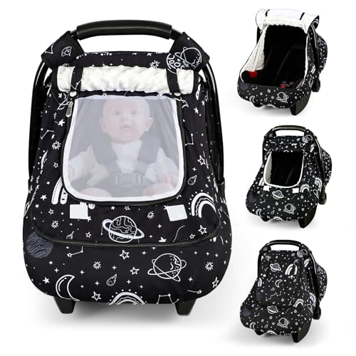 Image of Winter Car Seat Cover Baby with Sunshade & Dual Zipper Windows - Minky Bubble Lined Windproof Soft Shell, Warm Newborn Car Seat Canopy Covers, Elastic Bottom for Stroller & Infant Car Seat, Space