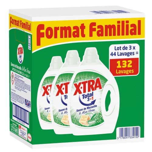 X•Tra Total Marseille – 132 Lavages (Lot 3x2.2L) – Savon de Marseille & Aloé Vera – Lessive Liquide Hypoallergénique