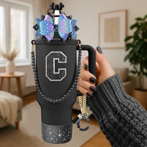 Hpebl 9PCS Black for Stanley Cup Accessories Set Bling Initials Bow Charms for Stanley Decorations 30/40 Oz Tumbler Accessories Including Bow Straw Topper, Handle Strap, Spill Stopper（Letter C） - image 2