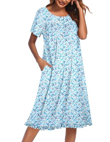 Image of Ekouaer Nightgowns for Women with Pockets Button Front Short Sleeve House Dresses Floral Print Mumu Dress