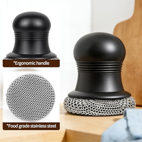 Image of 316 Upgraded Cast Iron Scrubber with Pan Scraper,Cast Iron Cleaner for Grill Pan Skillet Wok Carbon Steel,Ergonomic to Hold Easy to Use Dishwasher Safe ((Small Chainmail,2pcs))