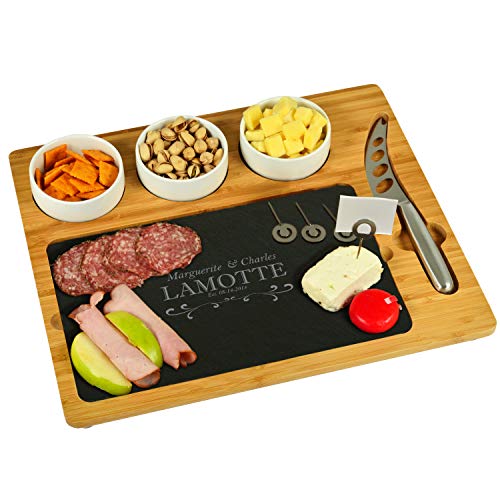 Picnic at Ascot Custom Personalized Engraved Bamboo & Slate Cheese/Charcuterie Board - Includes 3 Ceramic Bowls & Cheese Knife- Patent Pending USA