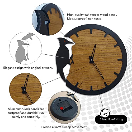 Cleris Art Studio Wooden Woodpecker Wall Clock, Oak Veneer Wood Panel Wooden Wall Clock, Modern Home Decor, Living Room Decor Wall Clock, Kitchen Wall Clock #TOP2