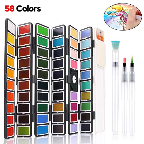 BBLIKE Kit de peinture aquarelle 58 couleurs assorties pliable et portable avec 3 pinceaux à peinture à l'eau pour artistes, enfants, débutants et plus encore