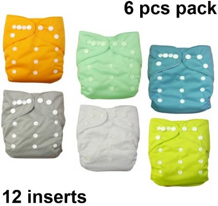 6pcs Pack Double Rows of Snaps Fitted Pocket Adjustable Washable Classic Cloth Diapers with 2 Inserts Each in Pure Colors