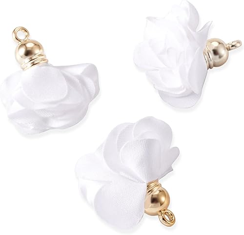 Miniatura 2 de Cheriswelry 50 colgantes de tela de tela de flores de tela blanca con pétalos florales con tapa dorada en forma de campana para manualidades,