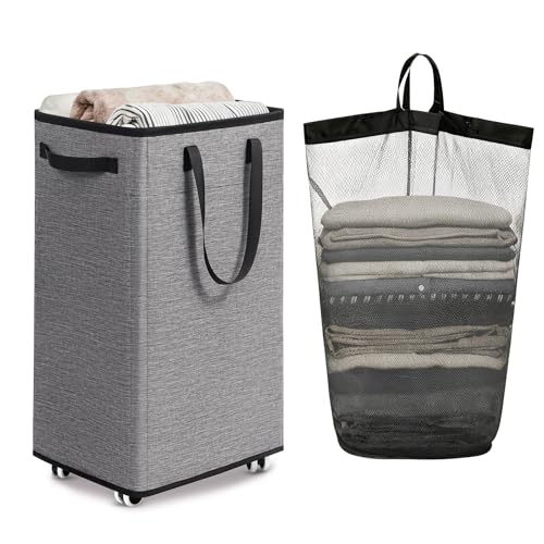 Image of Goodpick 75L Rolling Laundry Basket, Large Laundry Hamper with Handles and Removable Wash Bag, Space Saving for Laundry Room, Light Grey