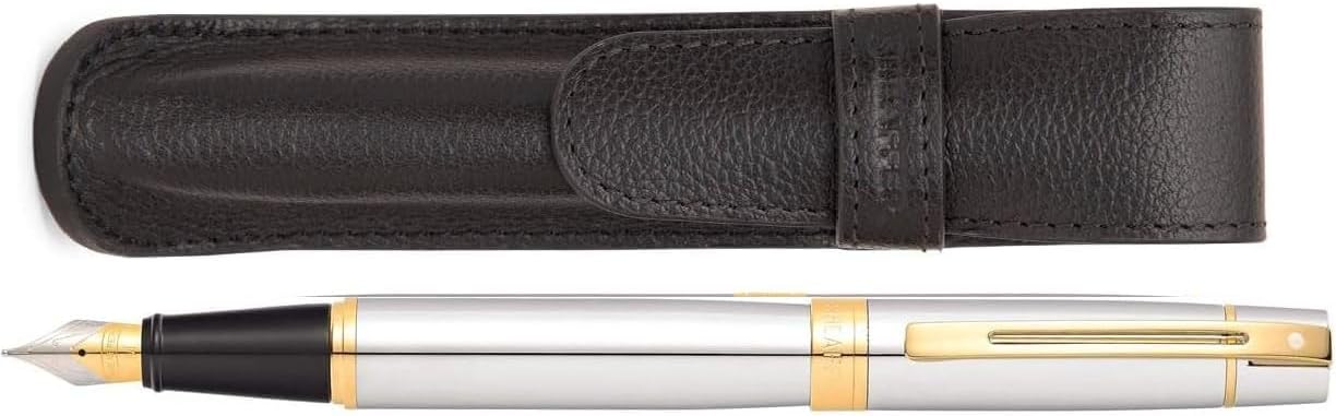 Sheaffer 300 Chrome with Gold Trim Pen and Leather Pouch Gift Set (Fountain(Medium nib))