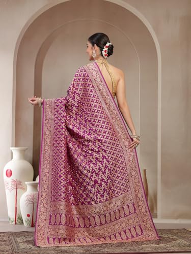 Image of KISHORI Womens Purple Banarasi Jacquard Saree with Bandhani & Zari Weaving with Unstitched Blouse