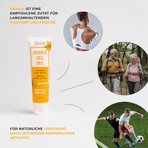 Dulac – Arnika Gel 98% Kühleffekt, 100 ml, Arnika Pferdegel Für Mensch Extra Stark, Lindert Müde Muskeln und Gelenke, Beruhigend und Entspannend, Mit Buriti-Öl, Thymian, Menthol, Made in Italy
