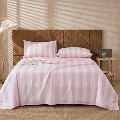 Image of Merryword 100% Cotton Sheet Set Full Size - Pink and White Stripes Bedding, Soft Breathable Percale Weave, Wide Stripe Deep Pocket Sheet 17.5 inch, Luxury Linen Like, 4-Piece All Season Bedding
