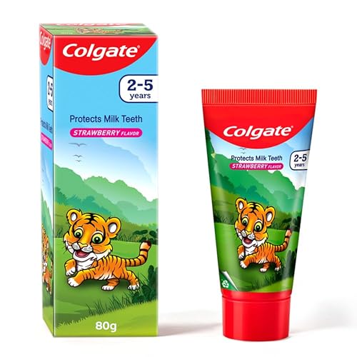 Image of Colgate Kids Tiger Toothpaste for 2-5 Years - 80gm, Tooth Paste with 50% Lesser Abrasive Formula for Protecting Against Cavities (Strawberry Flavour)