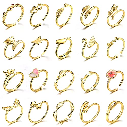 20 Pcs Adjustable Rings Set for Women Rings- Gold Toe Rings for Women- Toe Ring Finger Rings Pack Stackable Rings for Teens Womens Rings- Cute Rings for Teen Girls Trendy Rings