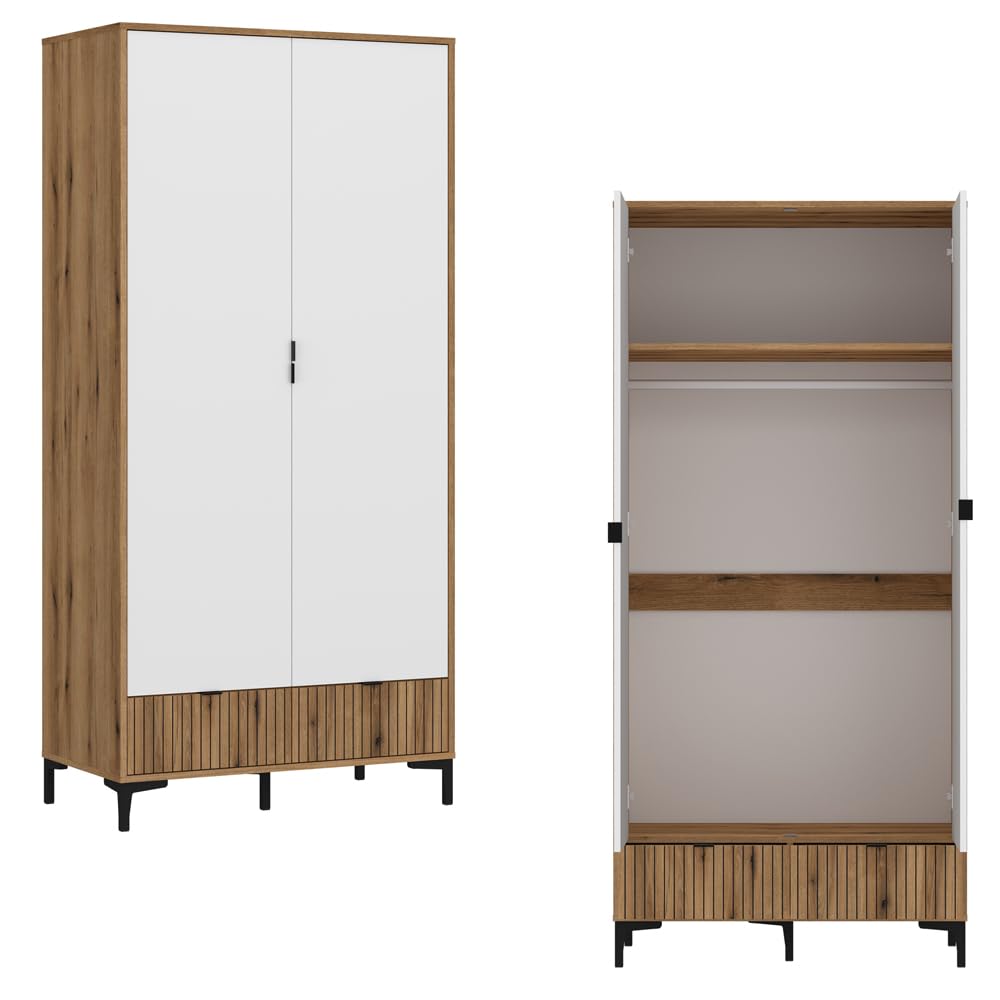 Lomadox Jugendzimmer Komplett Set 6-teilig mit Schreibtisch, Kleiderschrank, Nachttisch, Kommode, Wandregal und Bett 120x200 cm in Eiche mit weiß