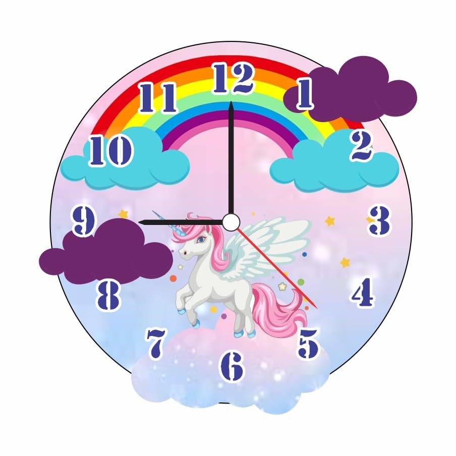 The Magical Gifts Clock 8" Unicorn Rainbow Wall Clock for Girls Room Cute Kids Clock with Flying Pony and Clouds Gift for Birthday Nursery Preschool Bedroom School Decor Design_13-image-2