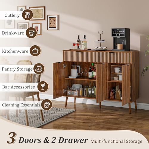 LYNCOHOME Fluted Sideboard Buffet Cabinet with Storage,2 Drawers and 3 Doors,Wood Coffee Bar Cabinet with Solid Wood Feet for Kitchen,Hallway - Image 4