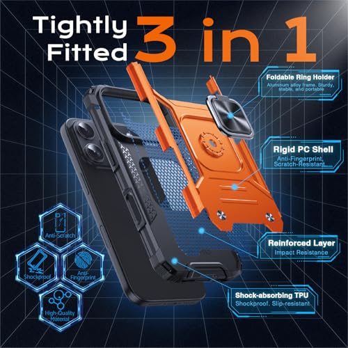 Image of Anqrp Heavy Duty Case for iPhone 17 Pro Case with Enhanced Ring Holder Grip Stand, Military Grade Shockproof Rugged Drop Protective Silicone Hard Slim iPhone 17 Pro Phone Case Cover,Orange