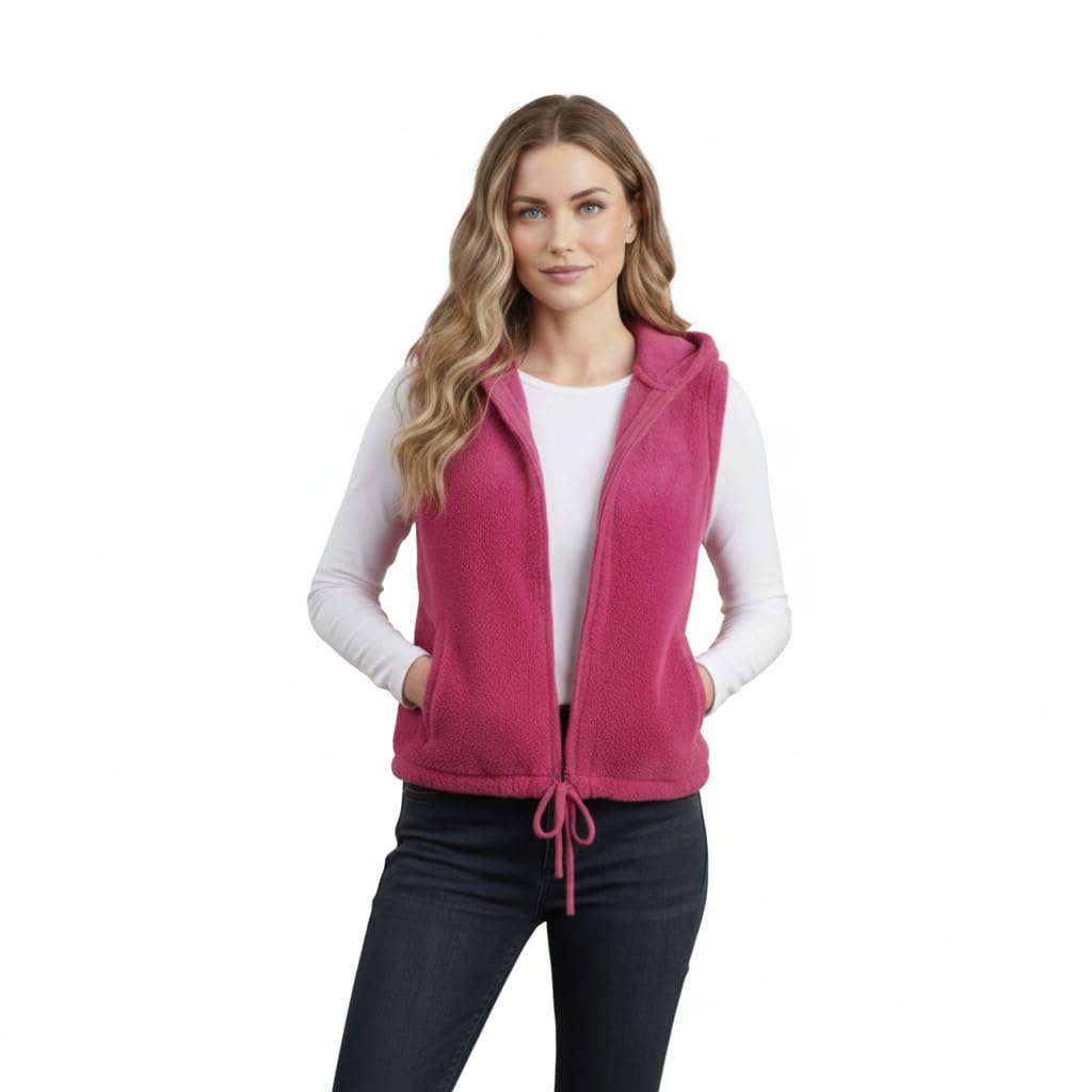 Women's Hooded Sleeveless Open Front Fleece Vest Magenta Pink Warm Layering M-picture-33