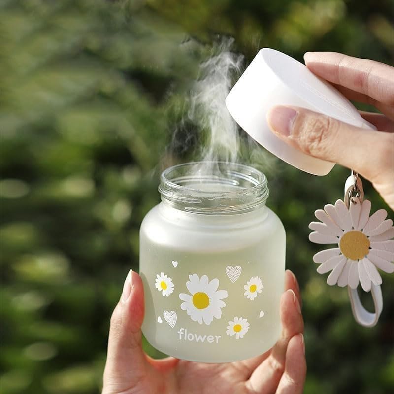 Image of Cute Daisy Flower Water Bottle With Lid And Keychain, 300 ML, Leak-Proof Reusable Juice, Coffee, Milk, Smoothies, Tea, Mini Glass Drink Bottle For Kids, Office, Travel & Gifting