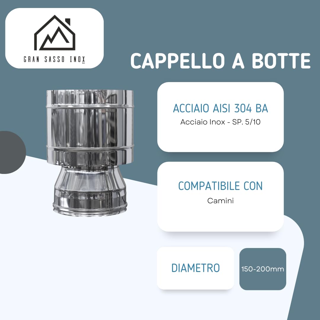 Comignolo Cappello a Botte Coibentato Doppia Parete in Lana di Roccia - in Acciaio Inox AISI 304 BA SP. 5/10 – per Camini (Ø150-200 mm)