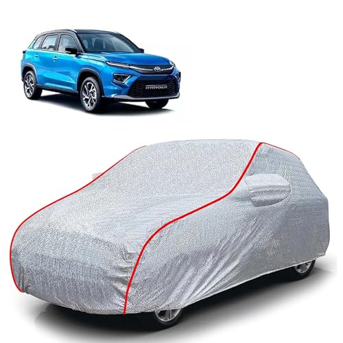 Image of Sulfar 100% Waterproof Car Body Cover Compatible with Mirror for Toyota Urban Cruiser Hyryder (Triple Stitched, Full Bottom Elastic, Magic Silver with Red Piping)