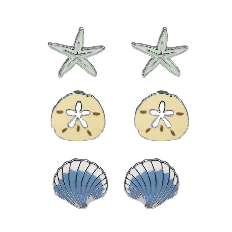 Rosemarie Collections Women's Beach Stud Earrings Set of 3 Starfish Sand Dollar Shell