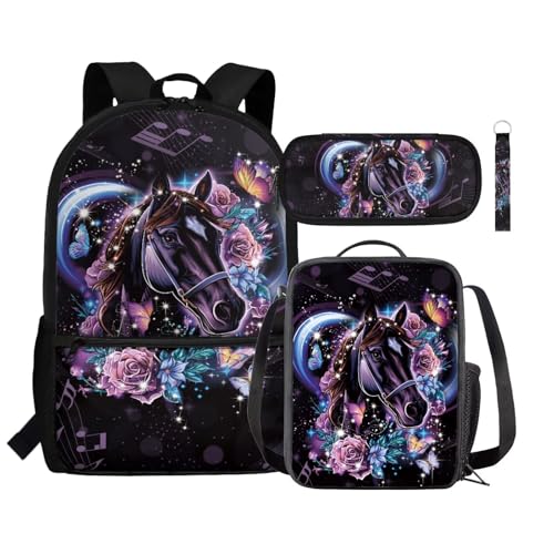 Zaino per bambini borsa termica per il pranzo portapenne astuccio da polso con cordino e portachiavi set 4 in 1 per il rientro a scuola Cavallo Taglia unica Zaini Daypack rosa viola