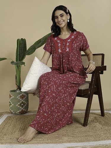 Image of 9shines Label Stylish Alpine Nighty Maxi for Women | Full Length Trendy Nightgown | Premium Nightdress | Nightwear | Embroidery Nighty with Pockets (2892)