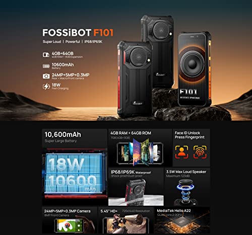 FOSSiBOT IP68 24MP Kamera, 4GB RAM, 64GB, Dubbelt SIM, Svart