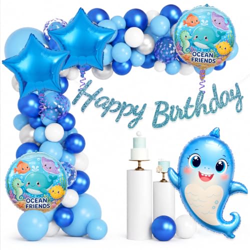 Image of Rozi Decoration Shark Theme Happy Birthday Blue Decoration Items Set of 56 Pcs