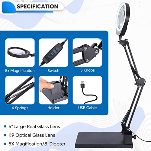 YOCTOSUN 5X Magnifying Glass with Light and Stand, 5 Inch 8-Diopter K9 Optical Glass Lens, 3 Color Modes Stepless Dimmable, Adjustable Swivel Arm Lighted Magnifier Lamp for Reading & Close Work - Thumbnail 3