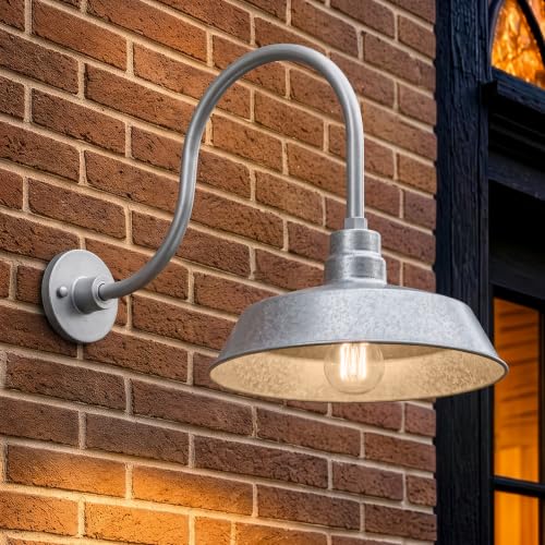Image of 14in. Galvanized Finish Outdoor Gooseneck Barn Light Fixture With 24in. Long Extension Arm - Wall Sconce Farmhouse, Vintage, Antique Style - UL Listed - 9W 900lm A19 LED Bulb (5000K Cool White)
