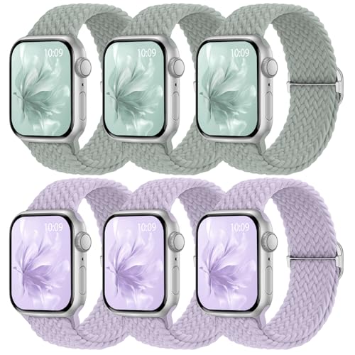 Image of 6 Pack Braided Stretchy Bands Compatible with Apple Watch Band 38mm 40mm 41mm 42mm 44mm 45mm 46mm 49mm Women Men, Adjustable Nylon Solo Loop Elastic Straps for iWatch Series 11 10 9 8 7 6 5 4 SE Ultra