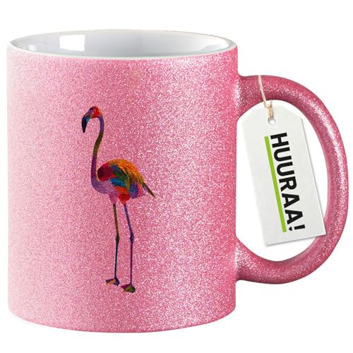 Huuraa Glitzer Kaffeebecher Flamingo Colorful Geschenk 330ml Pink Flamingo...