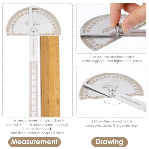 JIYIN Transferidor de aço inoxidável, transferidor grande de 180 graus, régua de dois braços, transf
