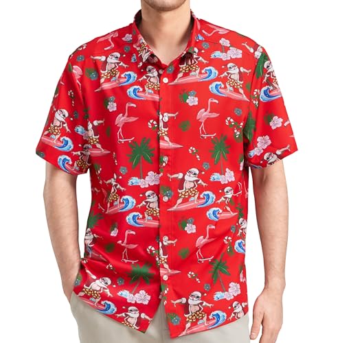 Giggling Getup Christmas Hawaiian Shirt for Men Casual Short Sleeve Button Down Summer Beach Shirt Surf Santa Printed (Red-XL)