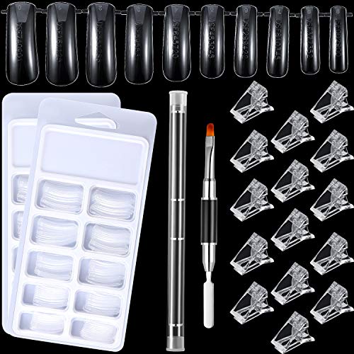 200 Pieces Dual Nail Form Mold Gel Nail Mold with 15 Quick Building Nail Tip Clip Poly Acrylic Clear Full Cover UV Extension Nail Clip Clamp, Dual-Ended Poly Extension Brush Picker for DIY Salon Home