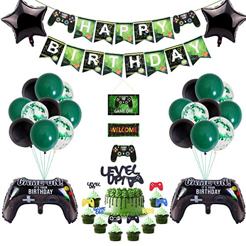 51 Pcs Video Game Party Supplies,Video Game Party Balloons Game Controller Balloons HAPPY BIRTHDAY Gaming Banner GAME ON Welcome Hanging Decor and Game Themed Cupcake Topper for Boys Birthday Party