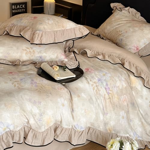 Ruffle Duvet Cover Queen Muslin Cotton Vintage Flower Duvet Cover Soft Breathable Linen Like Gauze Bedding Set for Girls-Ivory