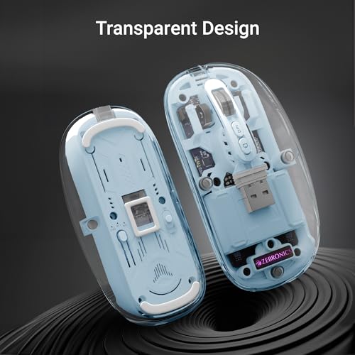 Image of ZEBRONICS Sheer Rechargeable Wireless Mouse, Dual Mode (2.4GHz + BT), Dual Bluetooth, Silent Operation, Transparent Body, RGB, Battery Indicator, for Mac | Laptop | Computer (Blue)
