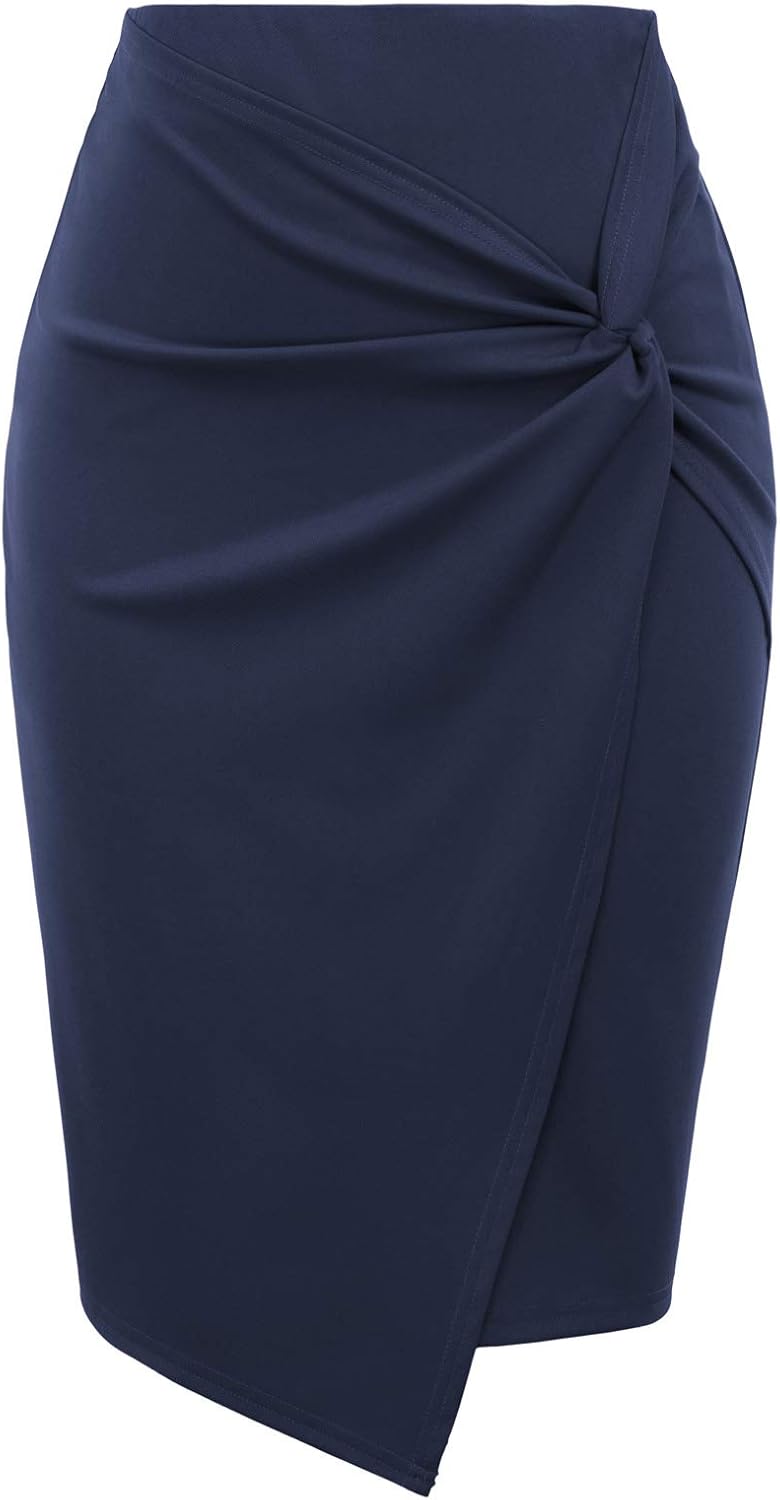 Kate Kasin Wear to Work Pencil Skirts for Women Elastic High Waist Wrap Front Knee Length Bodycon Skirt Tummy Control