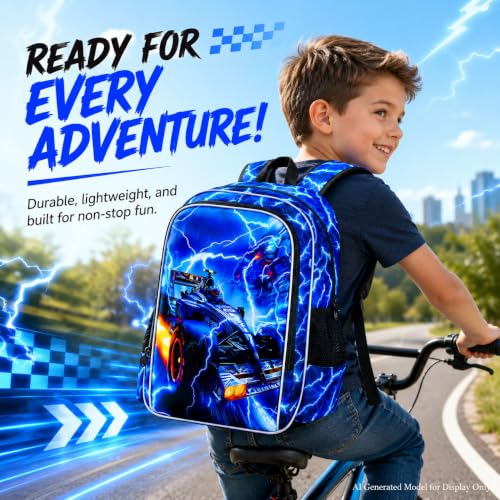 Image of 3Pcs Race Car Backpack, Boys Lightning Kids Bookbag with Lunch Box, 17 inch School Backpacks for Elementary Preschool Kindergarten (Blue)