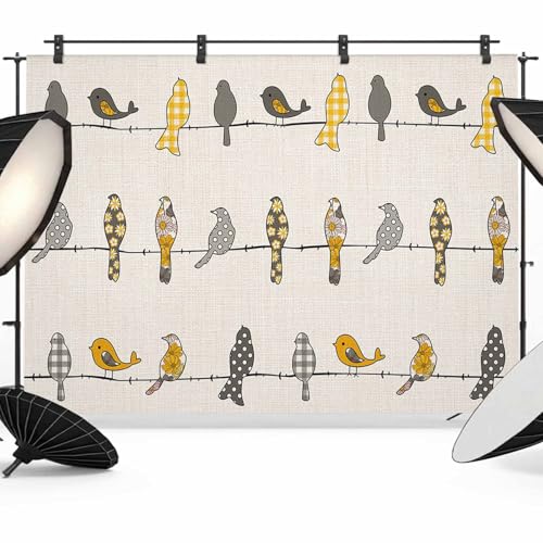 Birds on the Wire Yellow Grey Orange Burlap Background Backdrop for Photography, Photo Backdrop Portrait Background Party Banner Photo Backgrounds for Studio Booth Props, 12x8ft