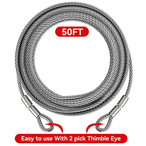 Winch Cable,Towing Cable Heavy Duty,With 2 Pick 3/8" U-Clamp Slide Hooks,3/8 Inch 7X19 Stranded Construction,13980 Lbs Breaking Strength 50 Feet #TOP3