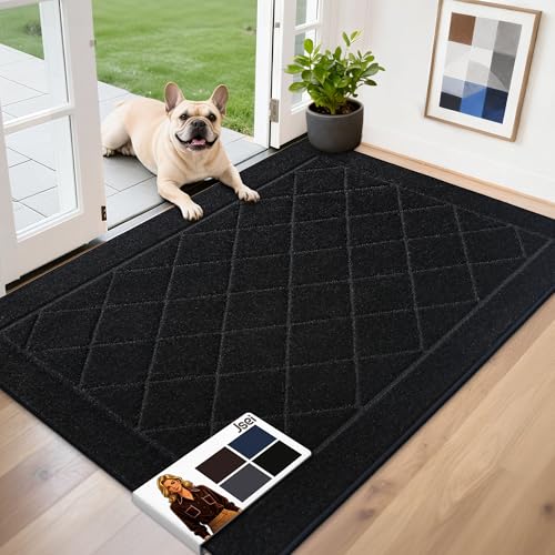 JSEI Dirt Trapper Door Mat 32"x48", Non-Slip Washable Entryway Mats, Dog Door Mat, Absorbent Floor Mats, Low Profile Welcome Mat for Front Back Door, Black